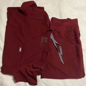 Set of Burgundy Figs Zamora joggers scrubs, Medium top and large (petite)pants.